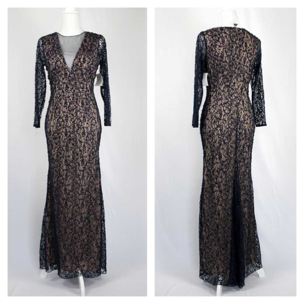 New Navy Long Lace Beaded Dress Long Sleeve - Picture 4 of 11